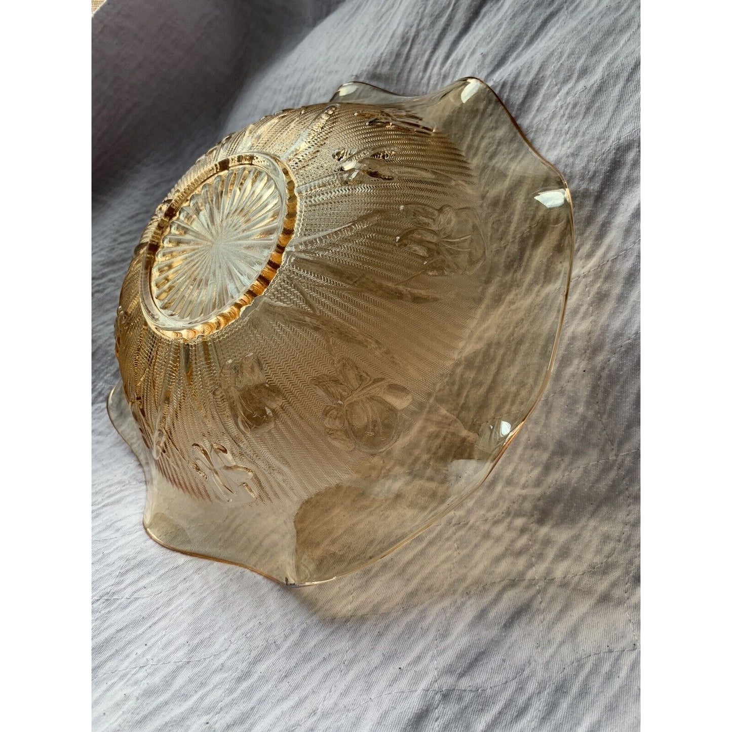 Jeannette Marigold Carnival Glass Bowl 11.5” Iridescent Iris Ruffles Vintage