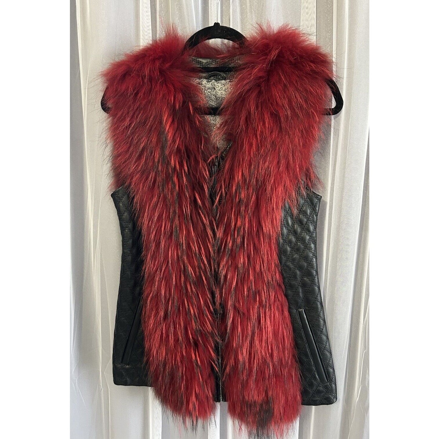 Women’s (M) Black Leather Vest Short Faux Fur Red Purchased in Europe Medium