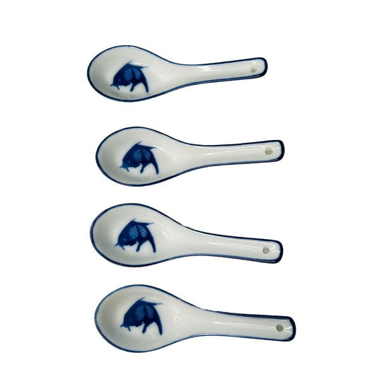 4 Misty Rose Koi Fish Soup Spoons Ladles Porcelain Blue Super White China Fish