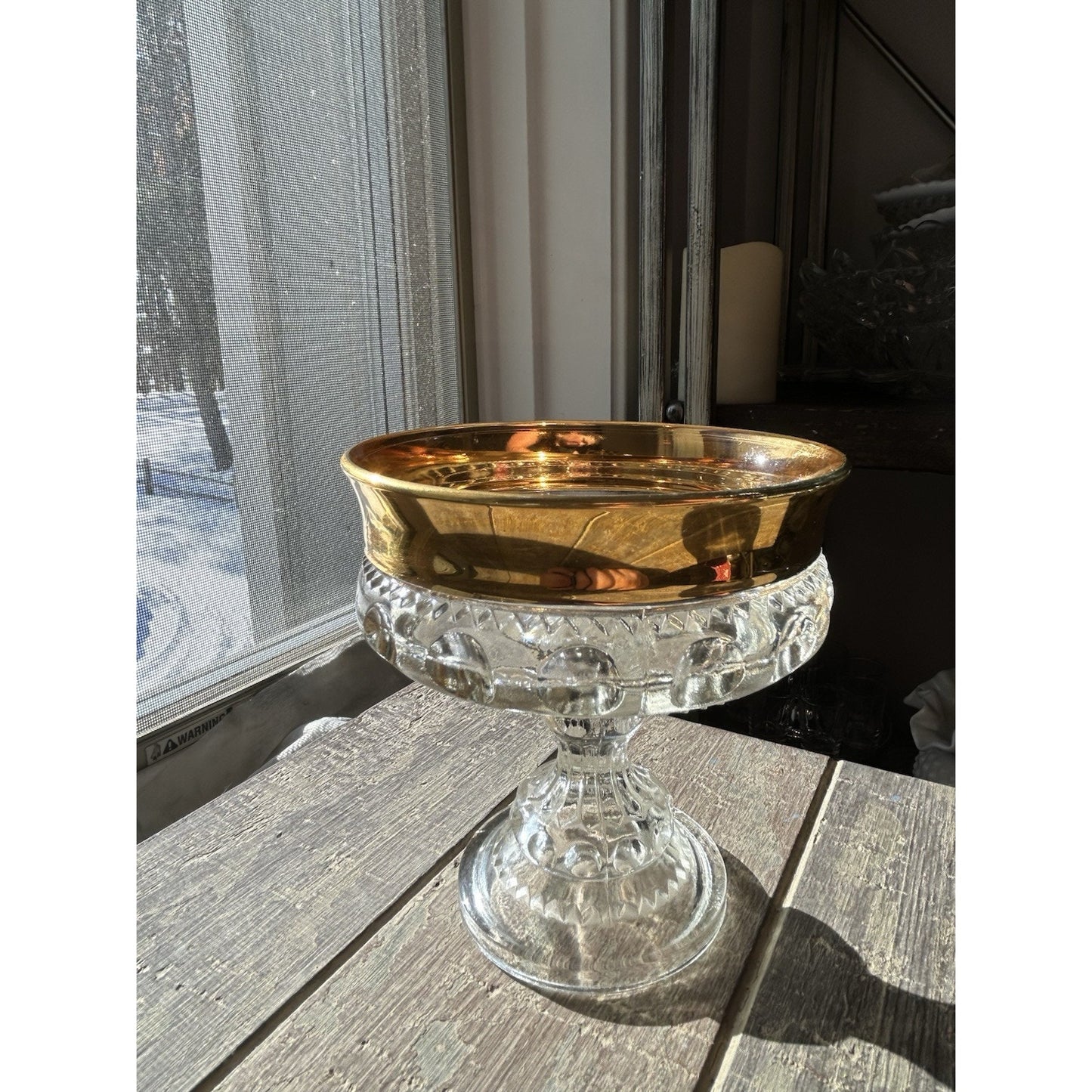 Indiana Glass Kings Crown Gold Trim Pedestal Candy Dish Compote 5 1/4" H Vintage