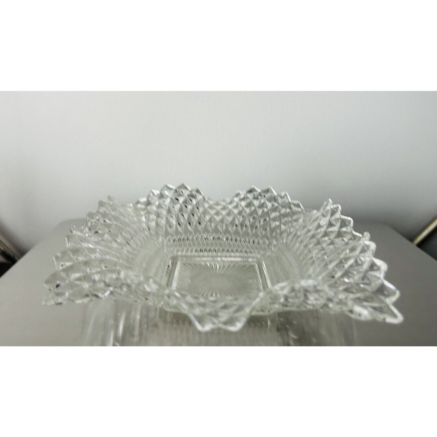 Indiana Glass Clear Depression Glass Square Ruffled Diamond Point 7" Dish Vintag