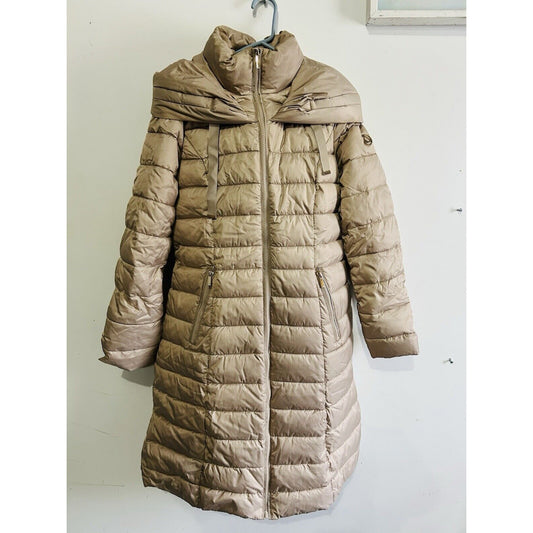 Liz Claiborne Puffer Jacket Long Coat Size Small (S) Tan Beige MSRP $180 Stretch