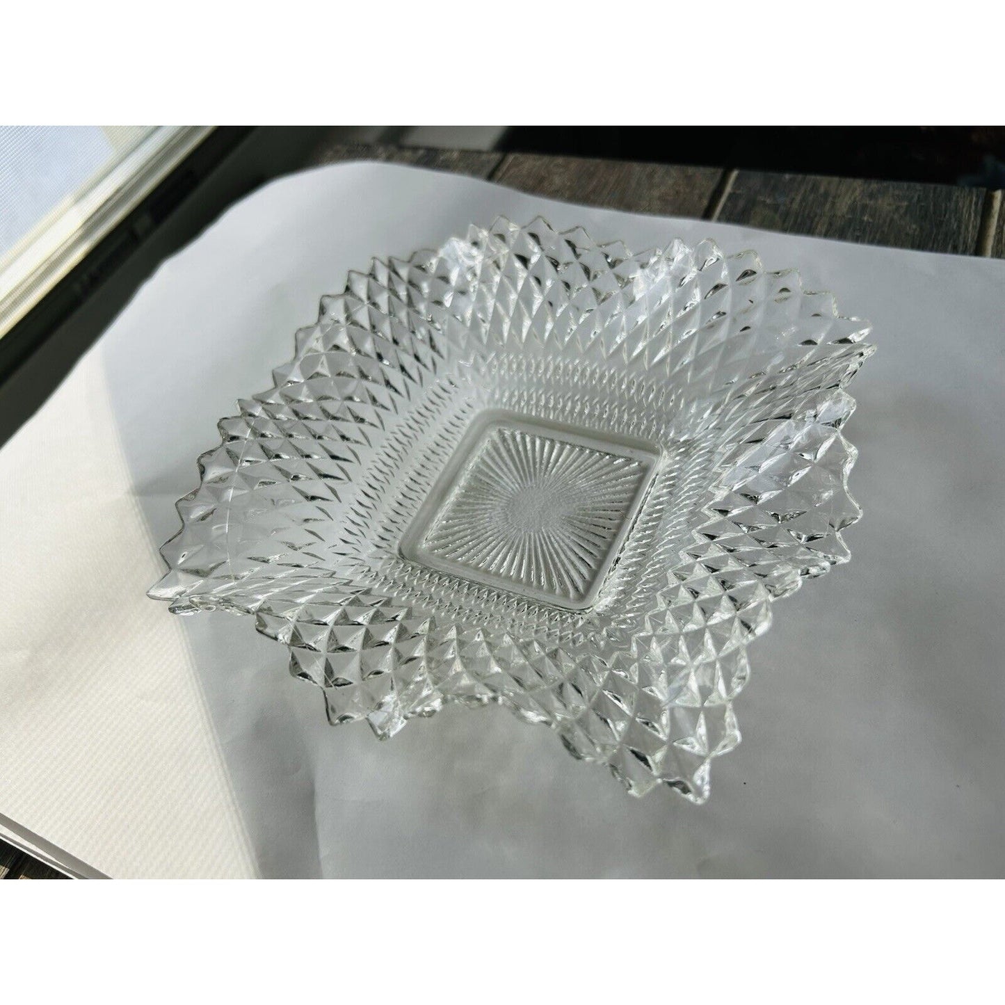 Indiana Glass Clear Depression Glass Square Ruffled Diamond Point 7" Dish Vintag