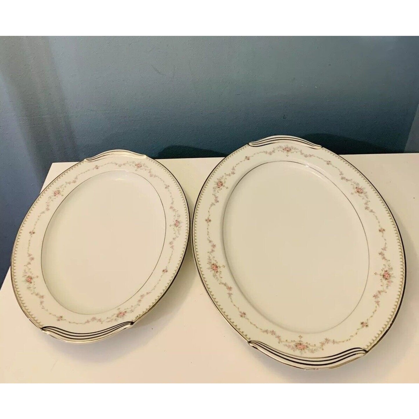 2 Noritake Japan "Fairmont" Oval Serving Platters 6102 Porcelain Silver Platinum