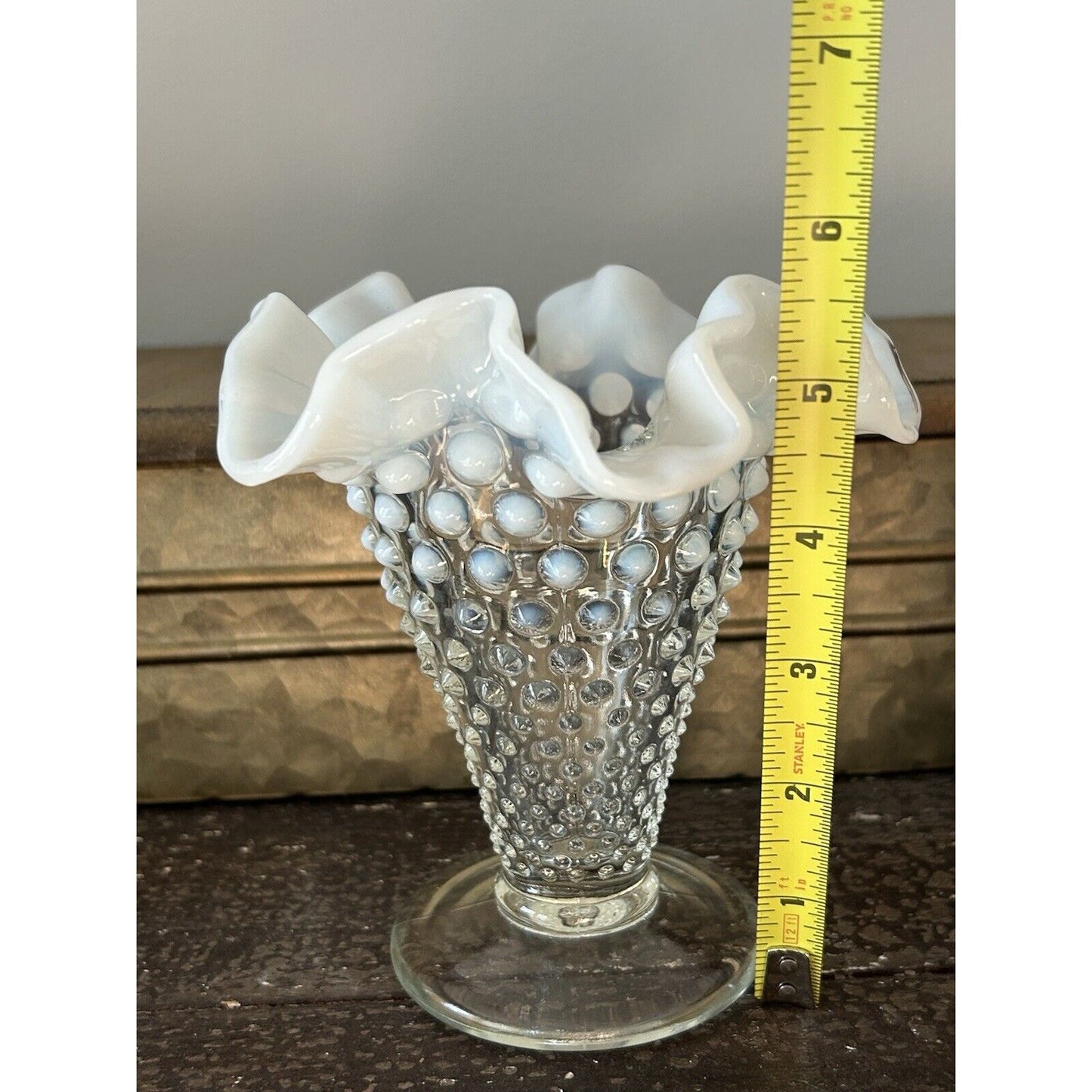 Vintage Fenton Moonstone Opalescent Hobnail Tapered Ruffle Glass Vase White Trim