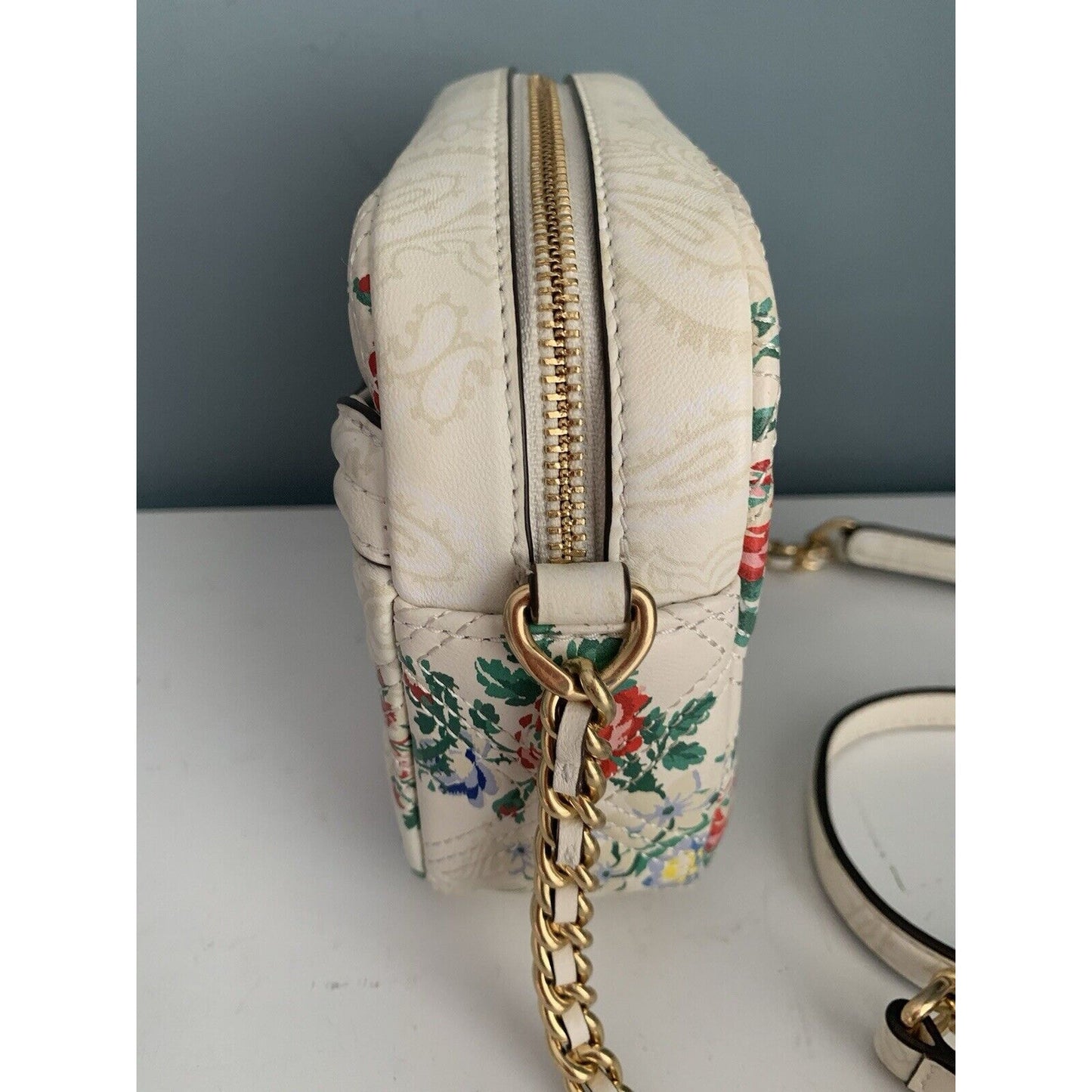 Tory Burch Floral Fleming Soft Printed Leather Purse Crossbody Bag Quilted Ivory