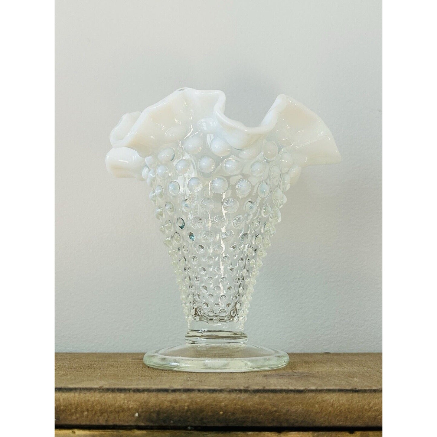 Vintage Fenton Moonstone Opalescent Hobnail Tapered Ruffle Glass Vase White Trim