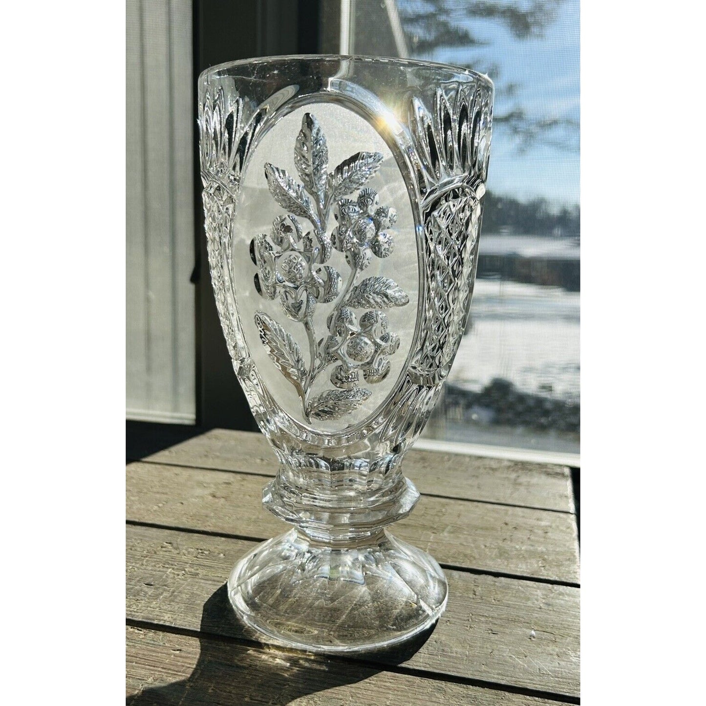 Vintage Kristal Zajecar Floral Cut Lead Crystal 10” Vase Clear Frosted Glass