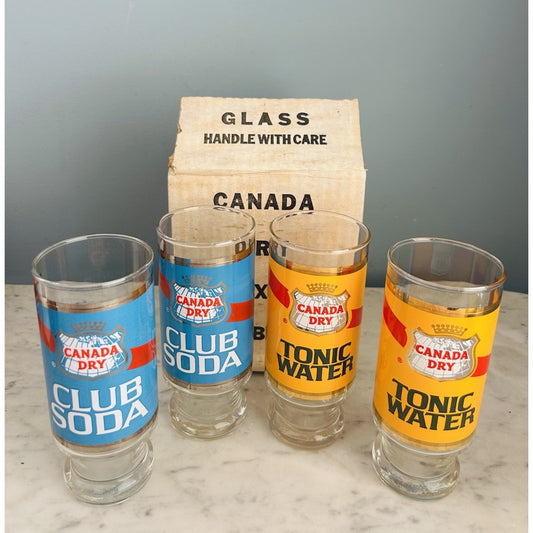 New Canada Dry Club Soda Tonic Water 7” Glass Tumblers Vintage NIB New Old Stock