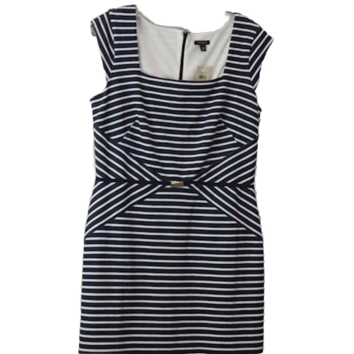 Ann Taylor NWT Dress Navy/White Stripe Sheath Square Neck Cap Sleeve Size 10