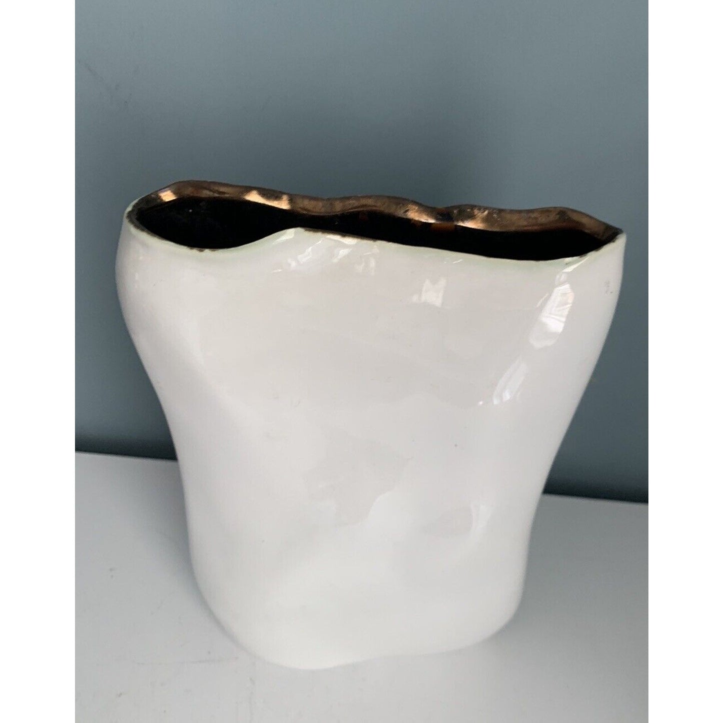 Modern White Vase Art Deco Oblong Unique Shape MCM Style 9” Statement Home Decor