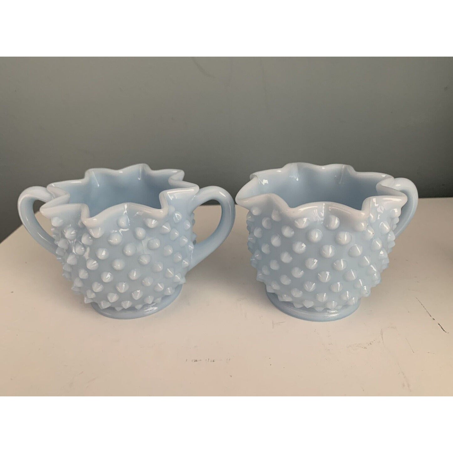 Fenton Glass Light Blue Pastel Milk Glass Hobnail Creamer Sugar Set Rare