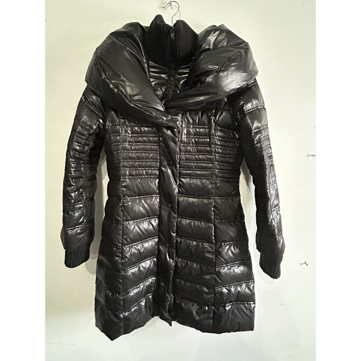 Moda international Puffer Jacket Black Women’s Size Small Long Winter Coat Shiny