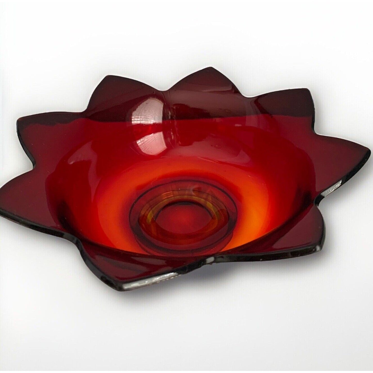 Vintage Fenton Amberina Ruby Red Orange Glass Glows 9” Lotus Bowl Flower