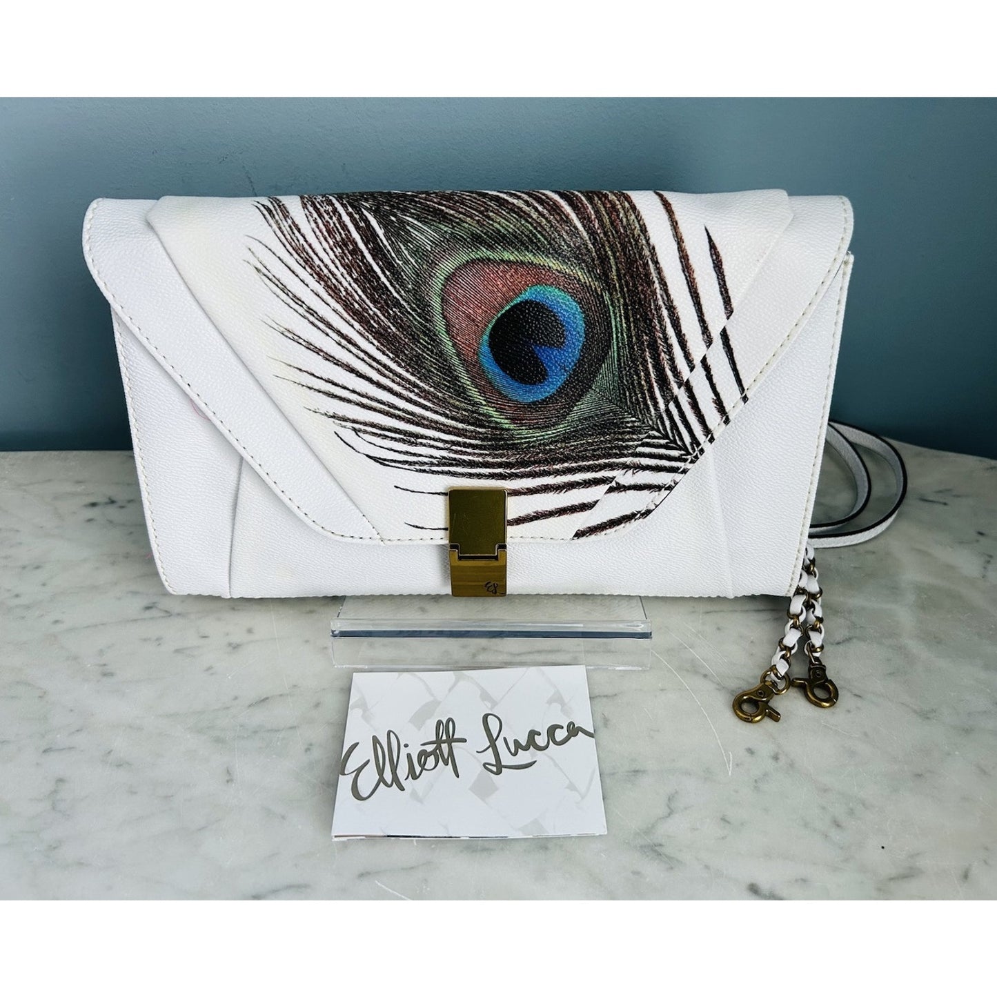 Elliott Lucca Peacock Clutch Satchel Shoulder Crossbody Bag Leather White Ivory