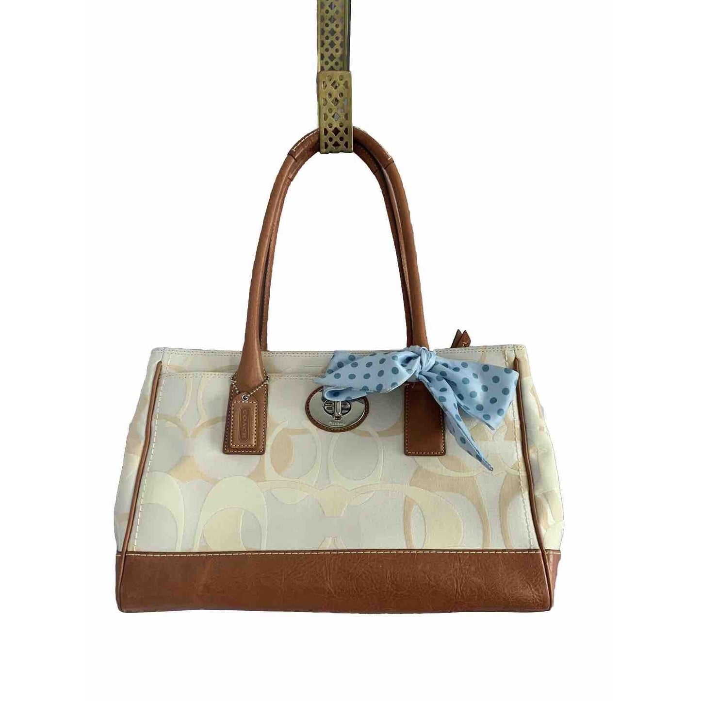 Coach Cream Canvas Leather Handbag 11821 Blue Scarf Bow Feet Made Jan 2008 Purse