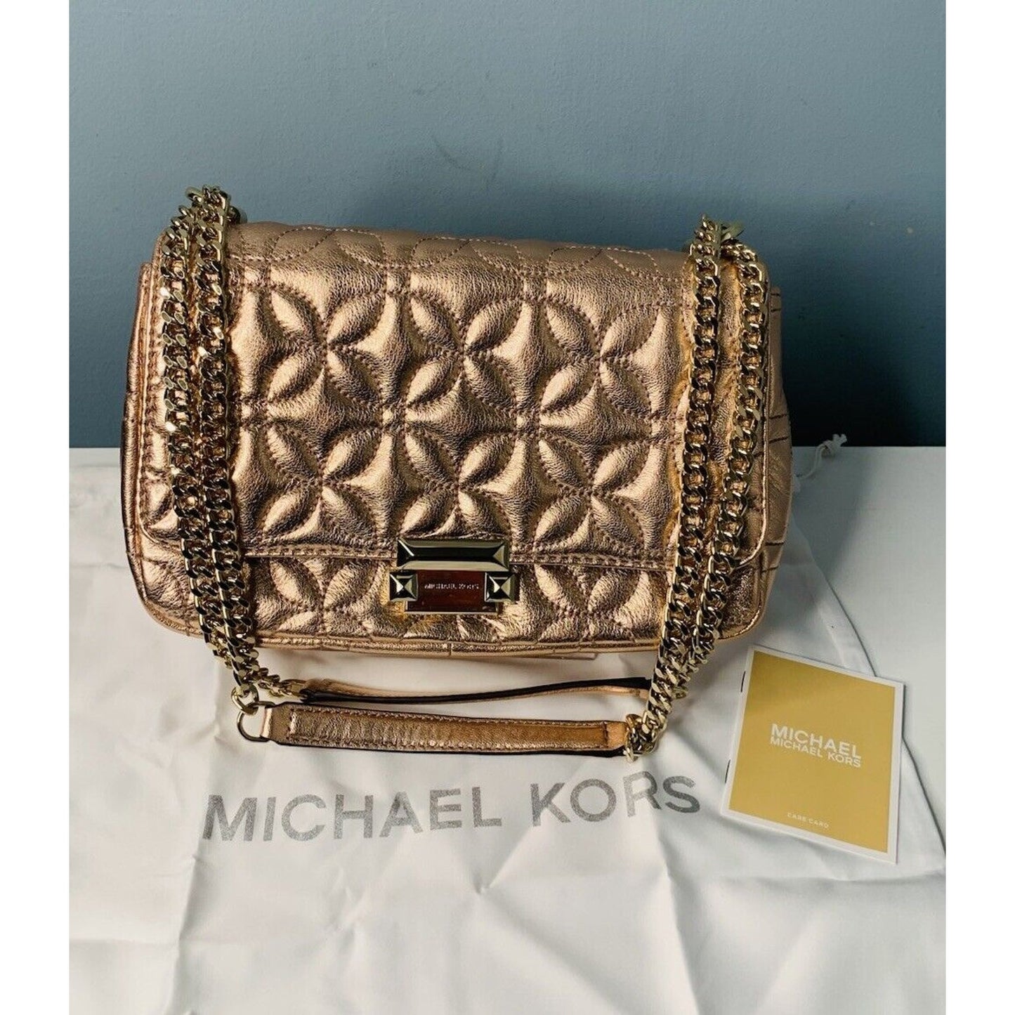 New Michael Kors Sloan Gold Chain Quilted Leather Shoulder Bag Rose Gold Shiny