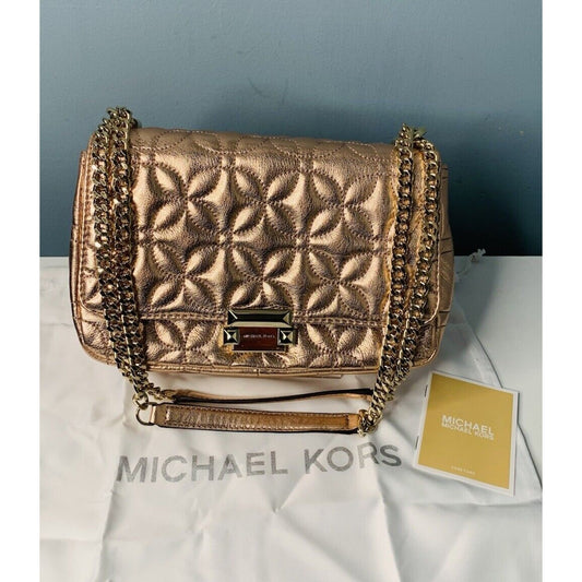 New Michael Kors Sloan Gold Chain Quilted Leather Shoulder Bag Rose Gold Shiny