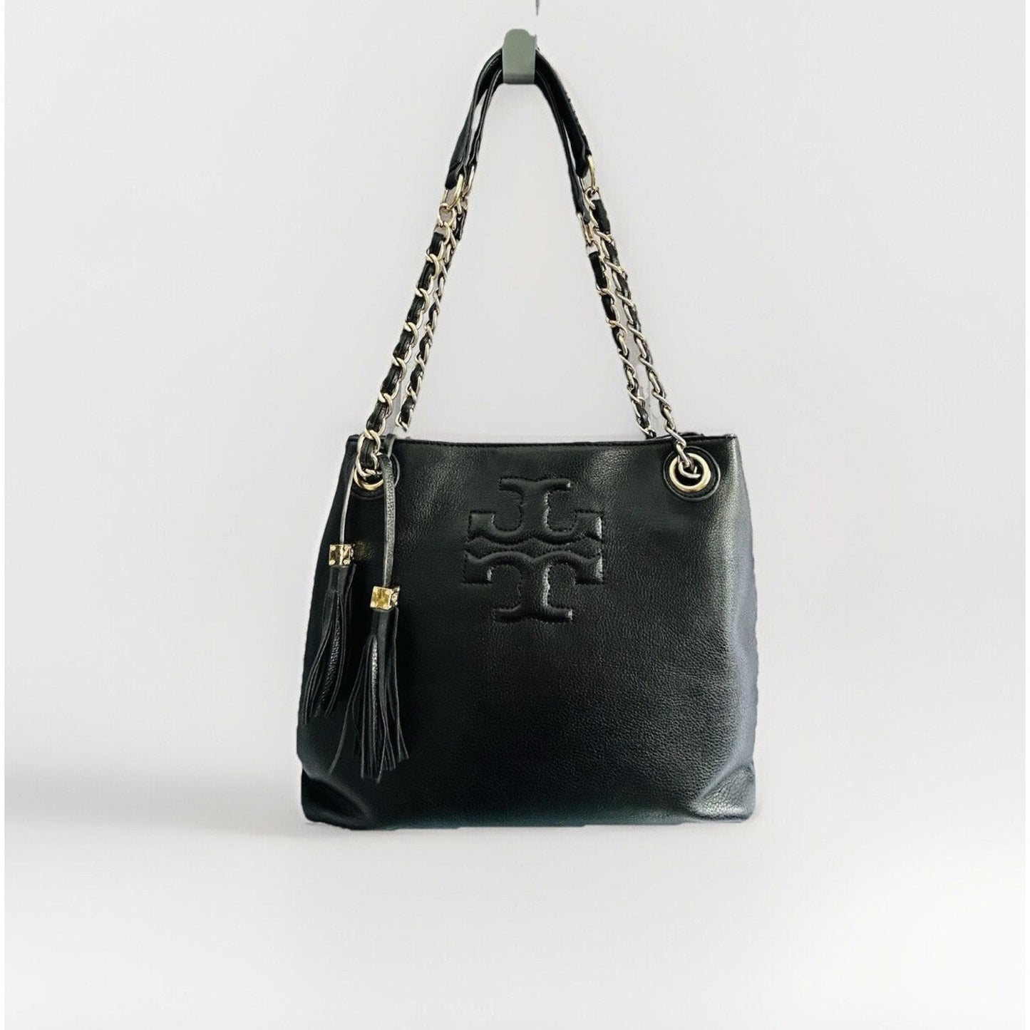 Tory Burch Thea Black Leather Slouchy Bridle Gold Chain Tote Shoulder Bag Purse