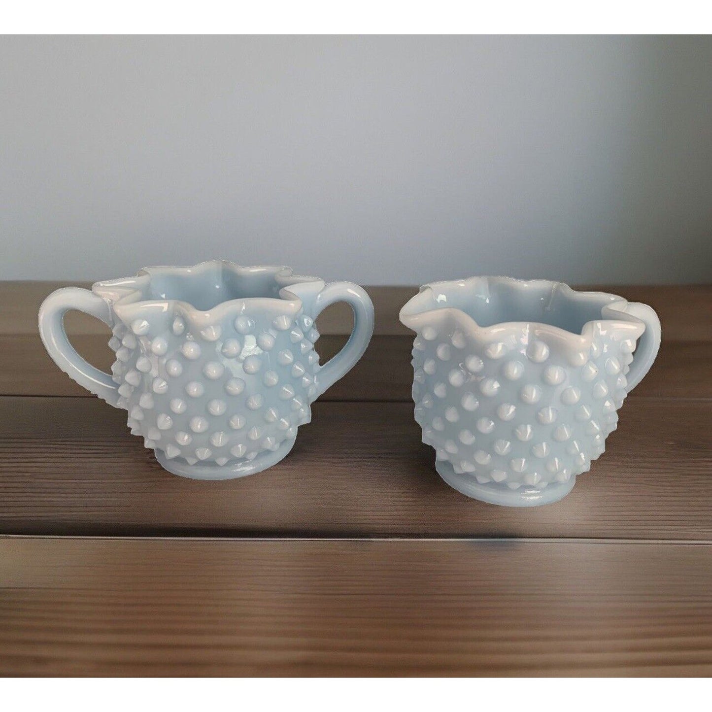 Fenton Glass Light Blue Pastel Milk Glass Hobnail Creamer Sugar Set Rare