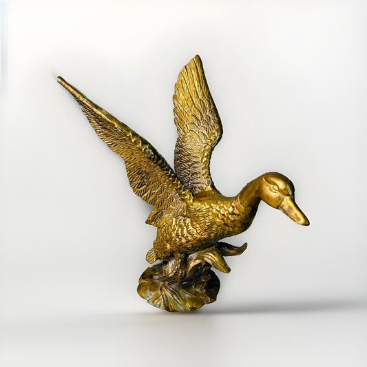 Vintage Brass Duck In Flight ‘M’ Logo Patina Figurine Bird Sculpture Cabin Decor