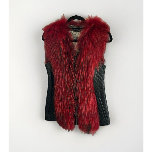 Women’s (M) Black Leather Vest Short Faux Fur Red Purchased in Europe Medium