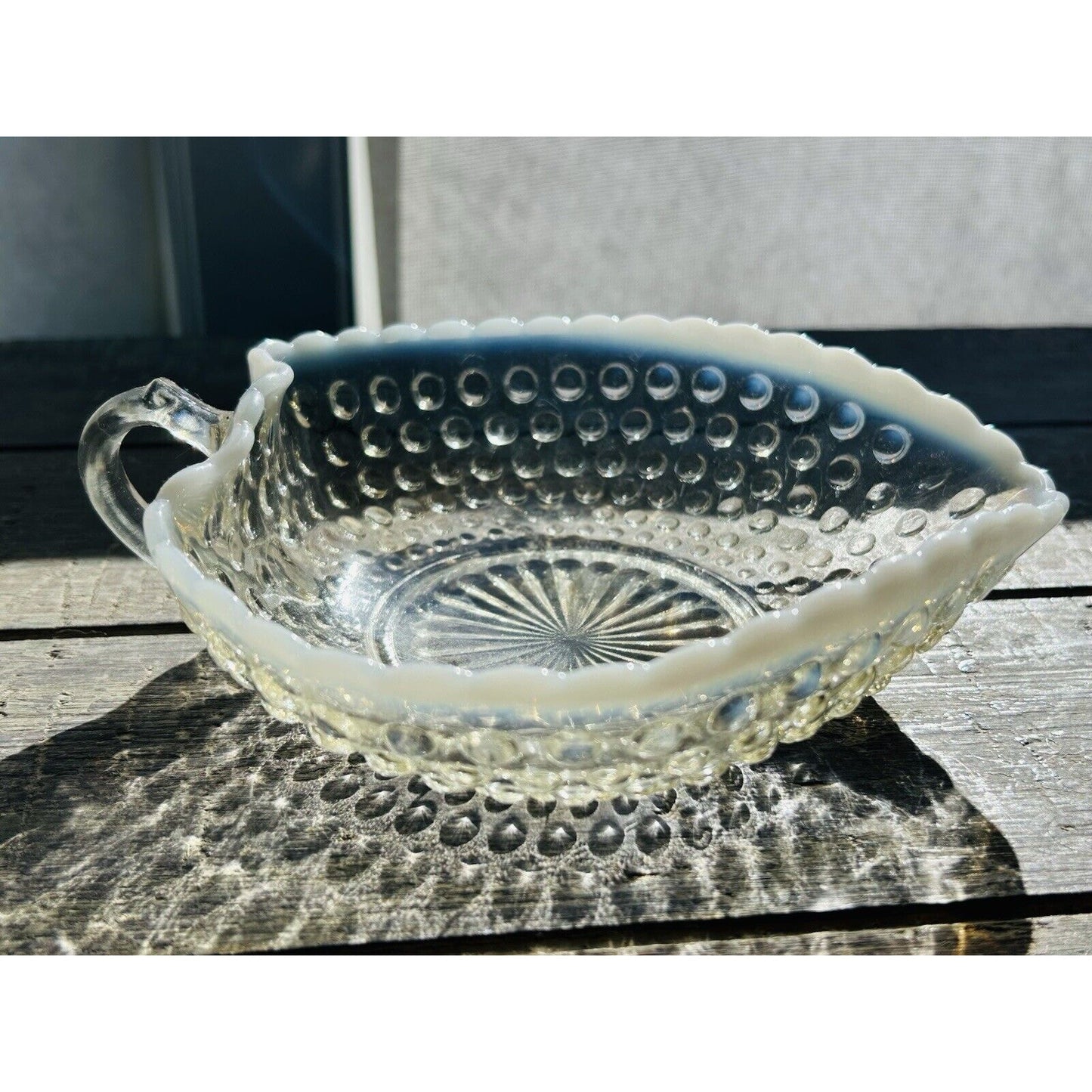 Heart Serving Dish Anchor Hocking Moonstone Opalescent Hobnail Ruffle Rim Handle