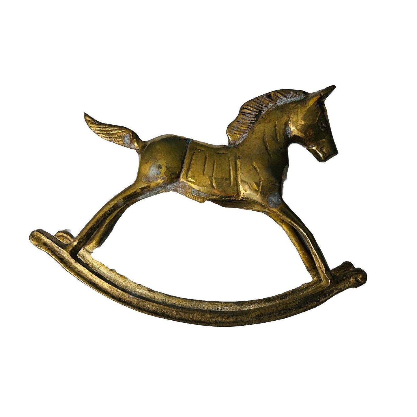 Vintage Solid Brass 6” Rocking Horse Pony Figurine Patina Hand Made Paperweight