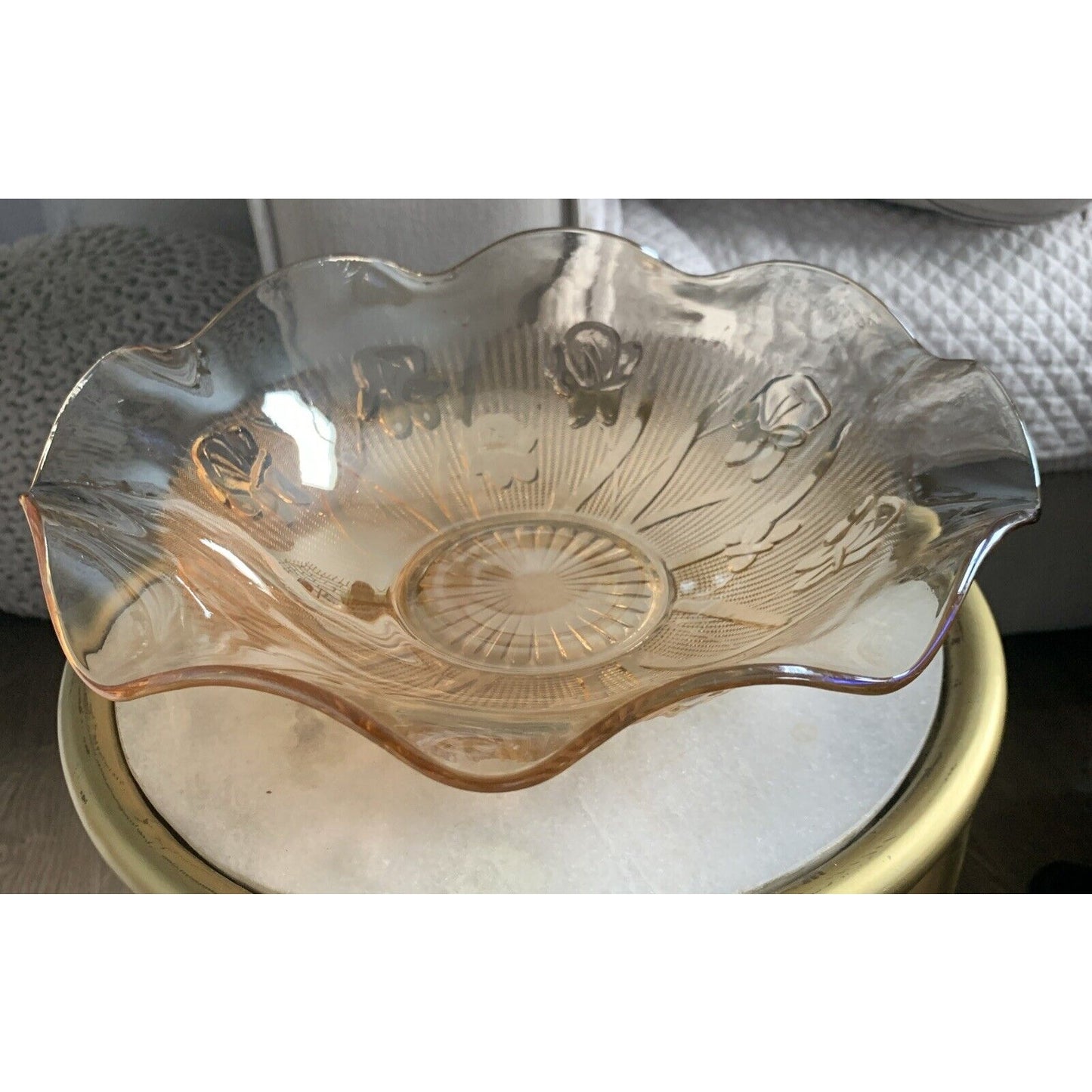 Jeannette Marigold Carnival Glass Bowl 11.5” Iridescent Iris Ruffles Vintage