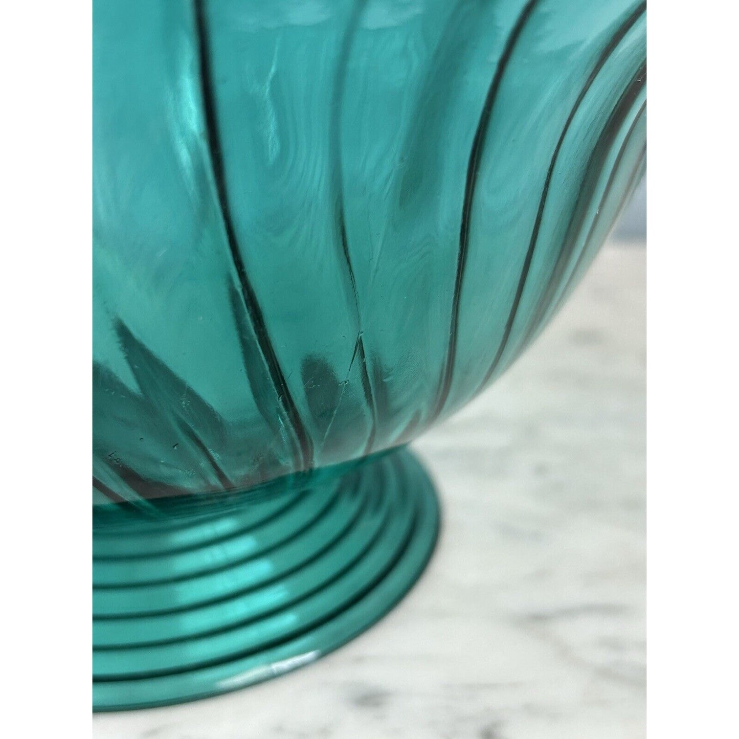 Vintage Jeannette Swirl Ultramarine Green Handled Glass Serving Bowl 10” W