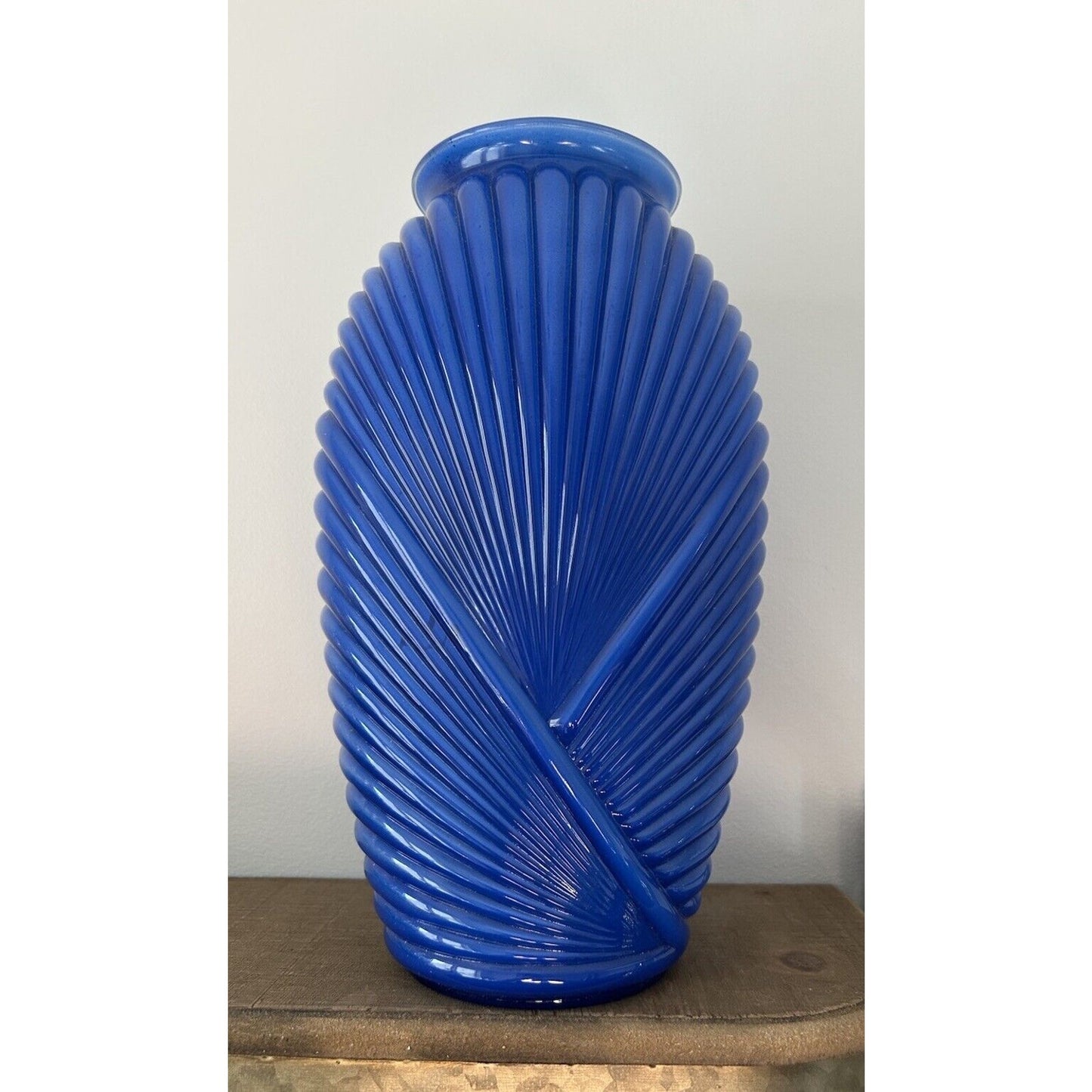 Art Deco Draped Ribbed Pleated Royal Cobalt Blue Glass Vase Vintage Iridescent