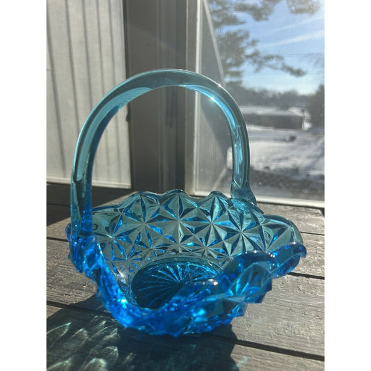 EUC Vintage Indiana Glass Monticello Aqua Blue Basket Handle 7" Easter Gift Art