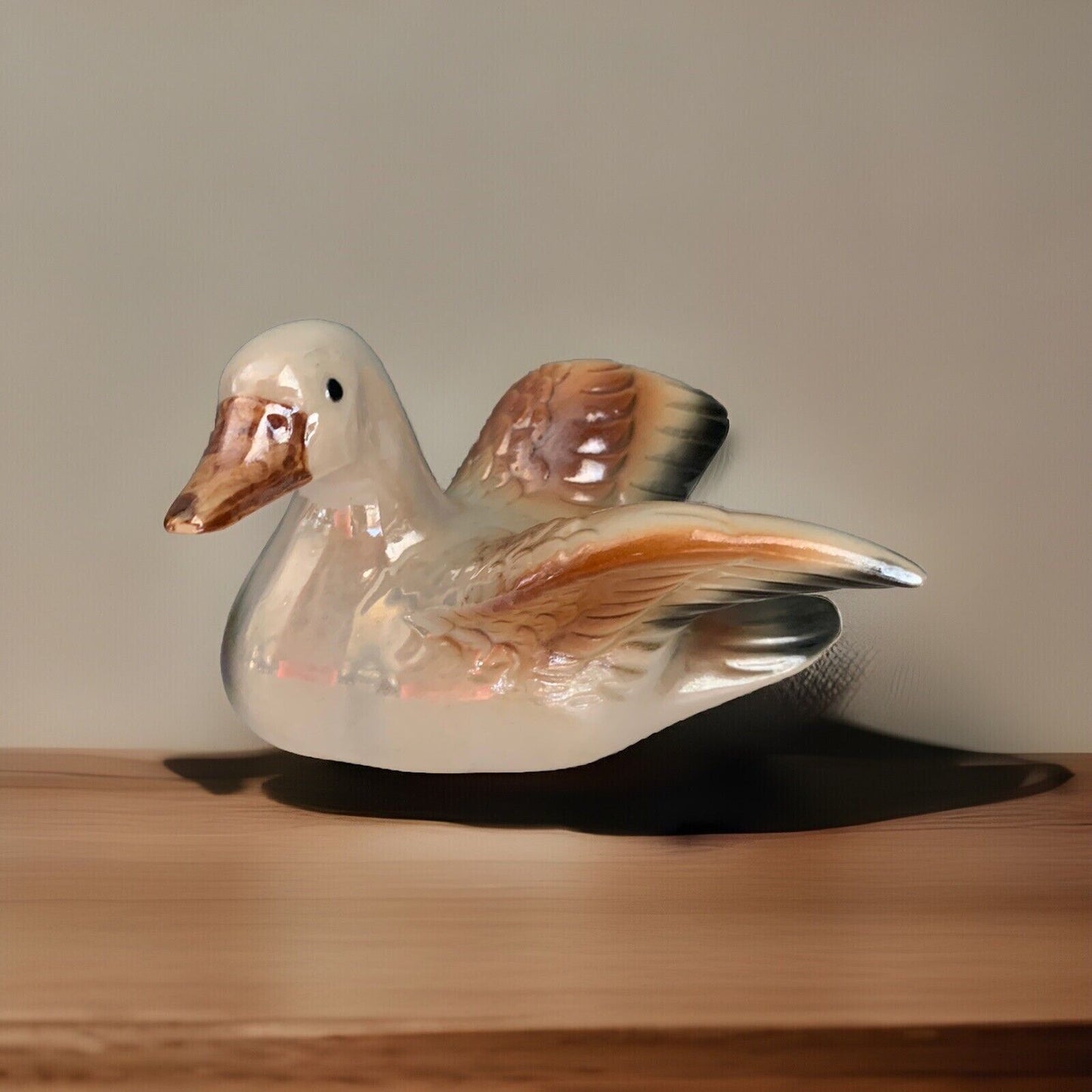 Ceramic Glazed White and Brown Duck Figure