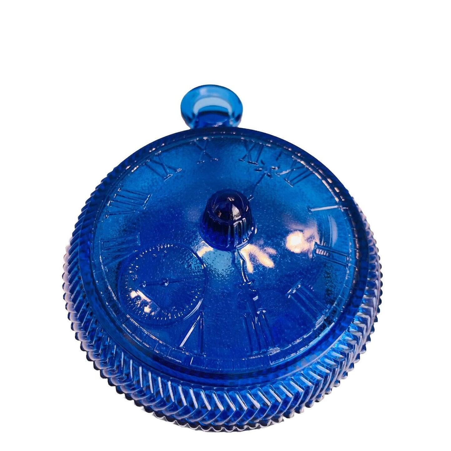 Imperial Glass Cobalt Blue Pocket Watch Lidded Candy Dish Nautical Decor Clock