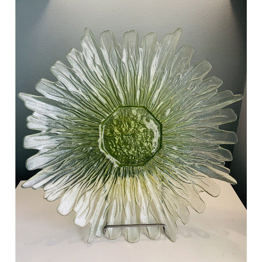 17” Green Flower Platter Hand Blown Art Glass Large Serving Tray Sunflower Heavy