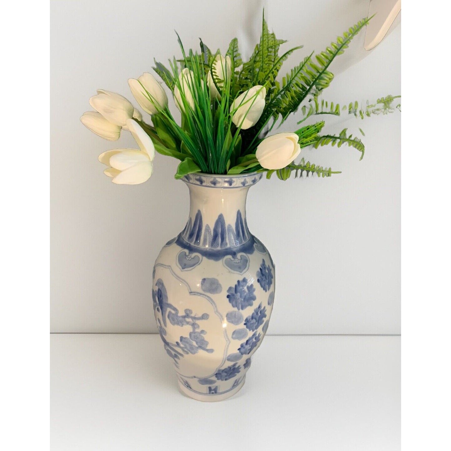 14" Blue White Large Vase Porcelain Vintage Birds Flowers Hand Painted Asian