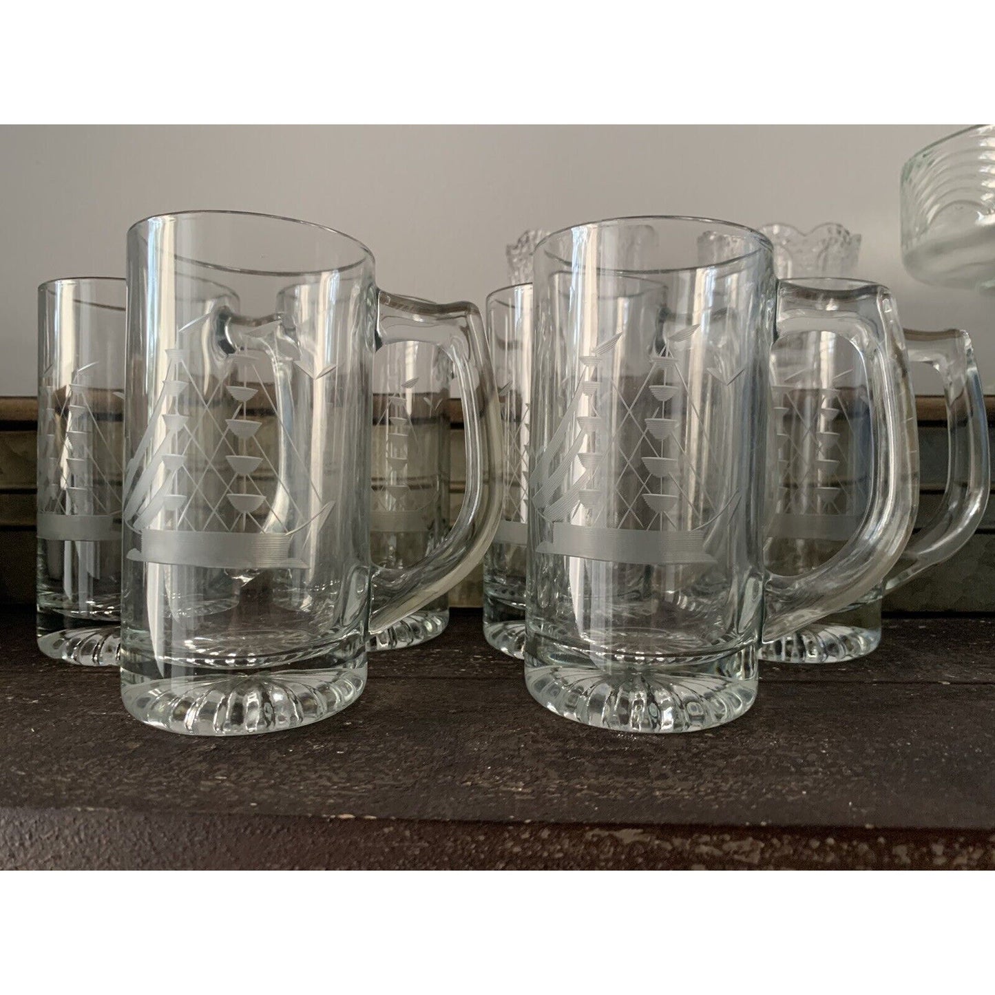 6 Javit Clipper Heritage Etched Nautical Ships Crystal Mugs USA 412C Sailboat