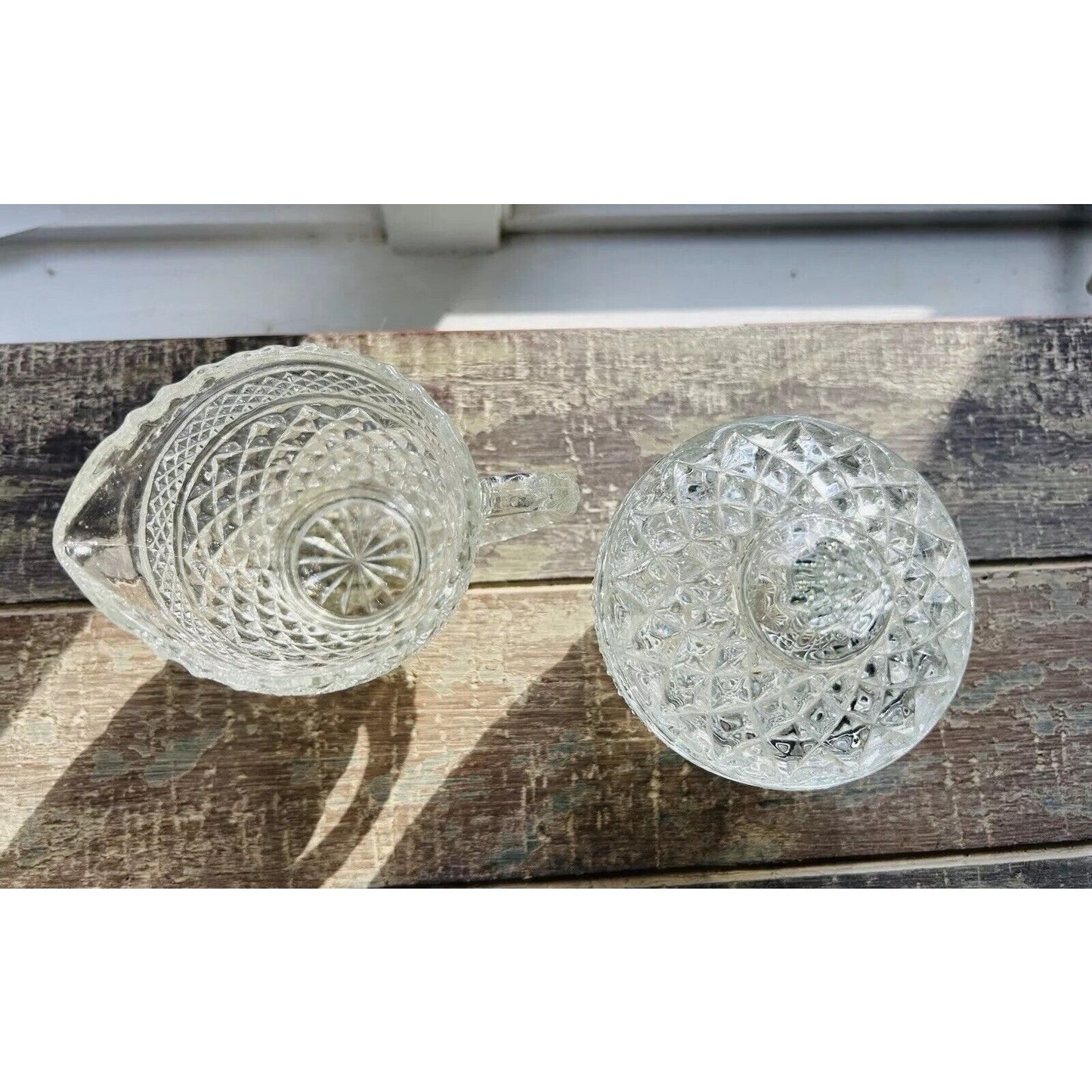 Anchor Hocking Wexford Crystal Clear Cut Glass Cream & Sugar Set Vintage