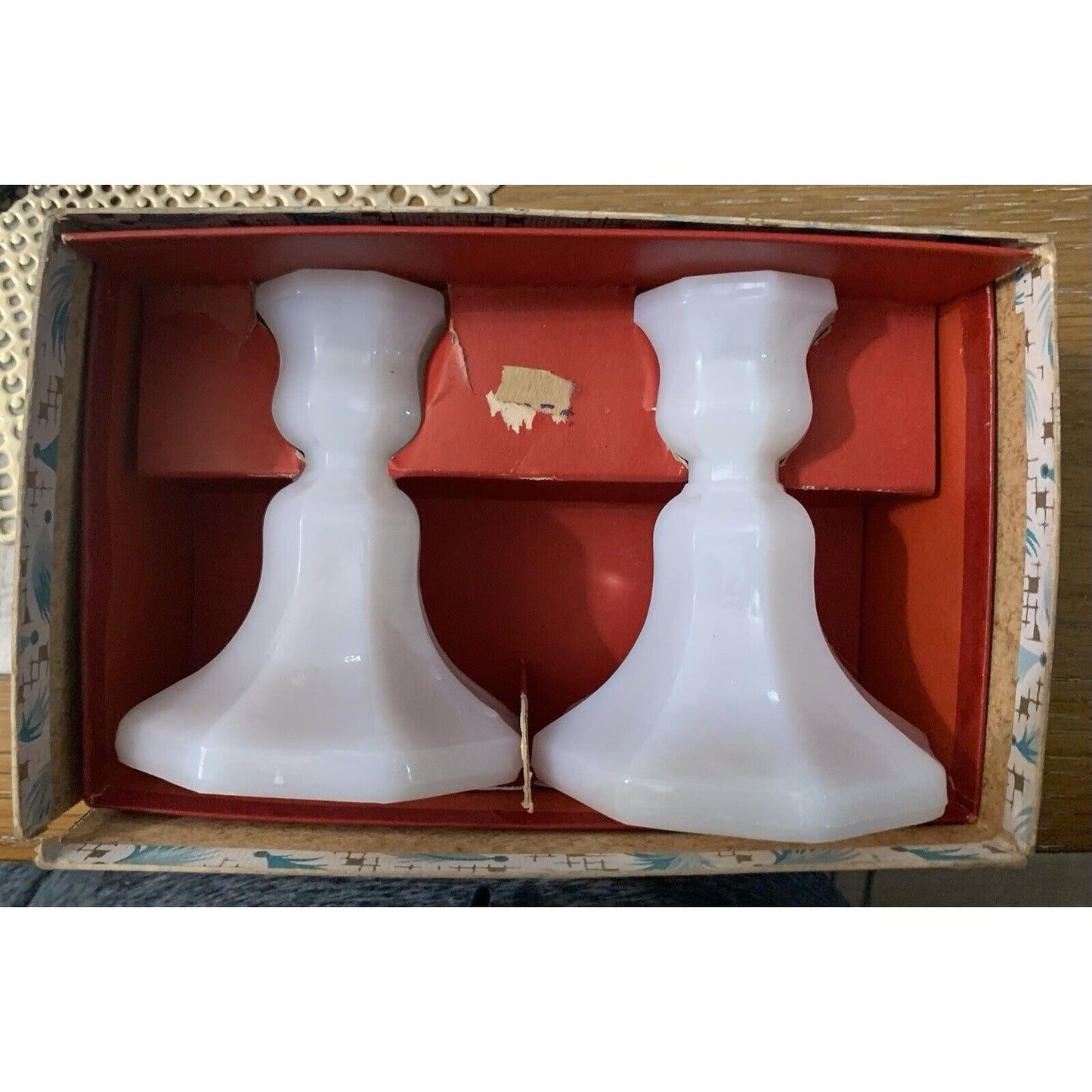 Vintage Milk Glass Candle Holder Set Original Box 4.75” X 3.5” MCM