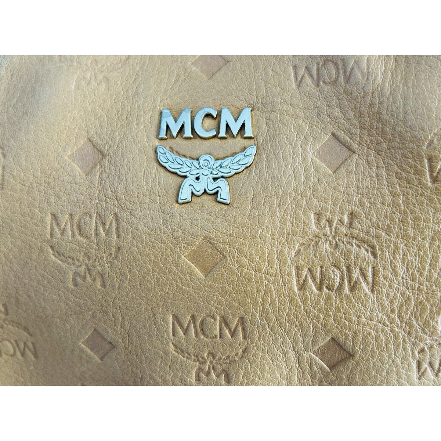 MCM Visetos Leather Cross Shoulder Bag Camel Tan Embossed Logo Purse Handbag