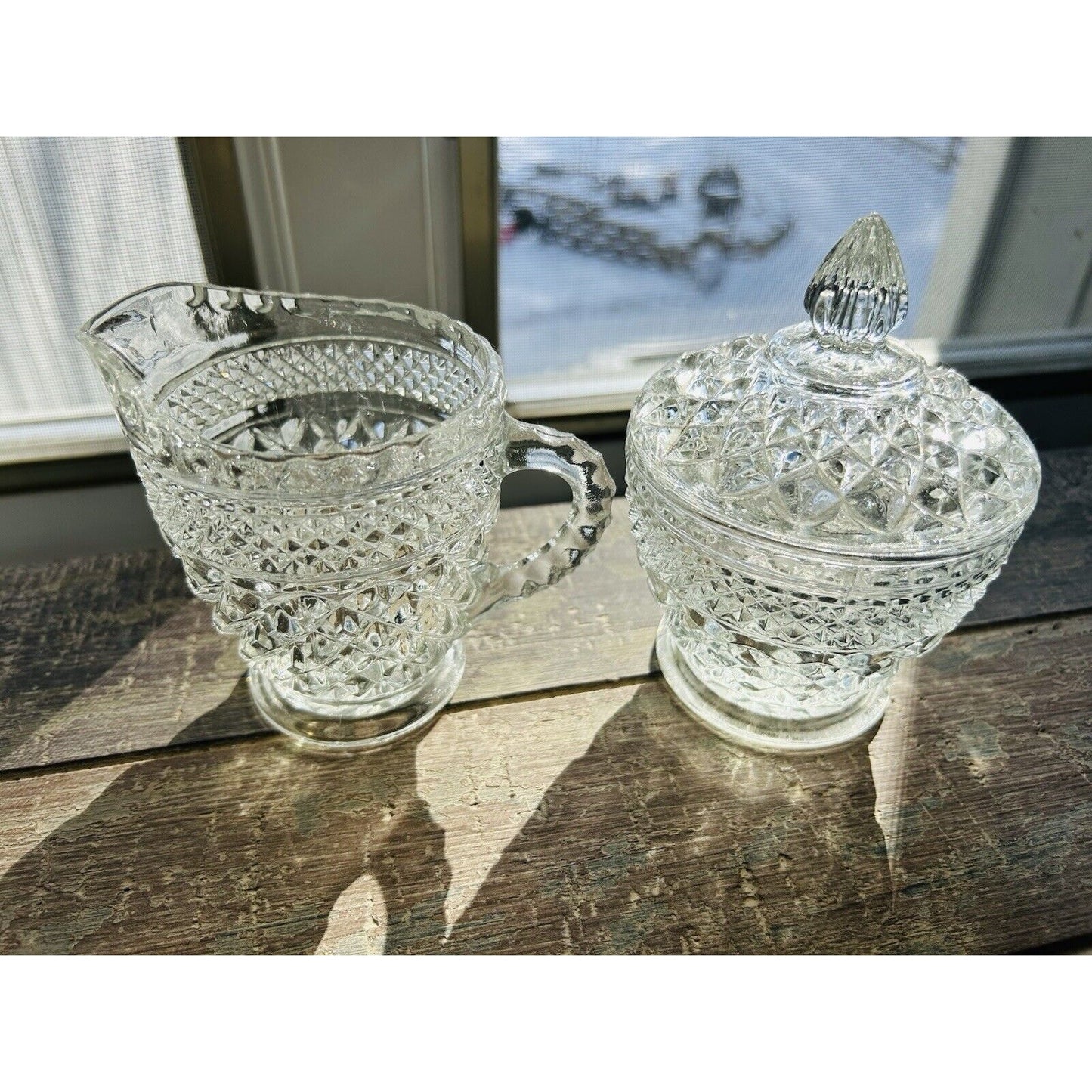 Anchor Hocking Wexford Crystal Clear Cut Glass Cream & Sugar Set Vintage