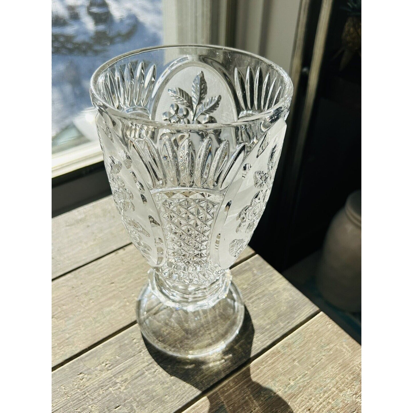 Vintage Kristal Zajecar Floral Cut Lead Crystal 10” Vase Clear Frosted Glass