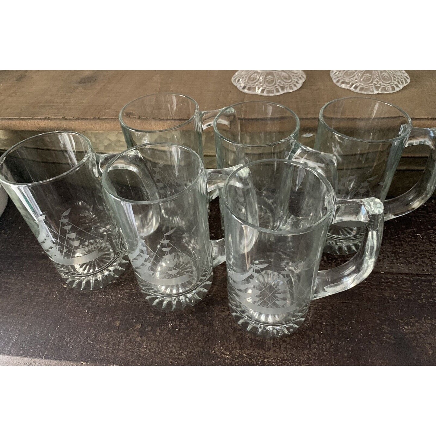 6 Javit Clipper Heritage Etched Nautical Ships Crystal Mugs USA 412C Sailboat