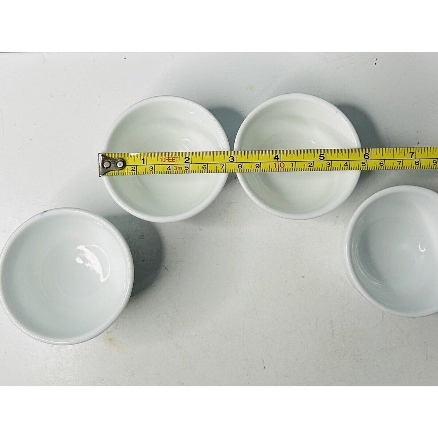 4 Misty Rose Blue Koi Cups Super White China Fish Sake Tea Condiment Bowls EUC