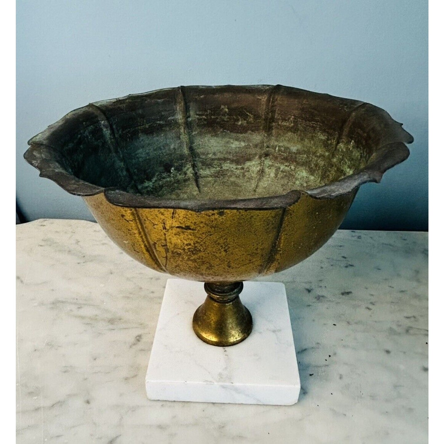 Vintage Brass 7” Compote Marble Pedestal Base Bowl Patina