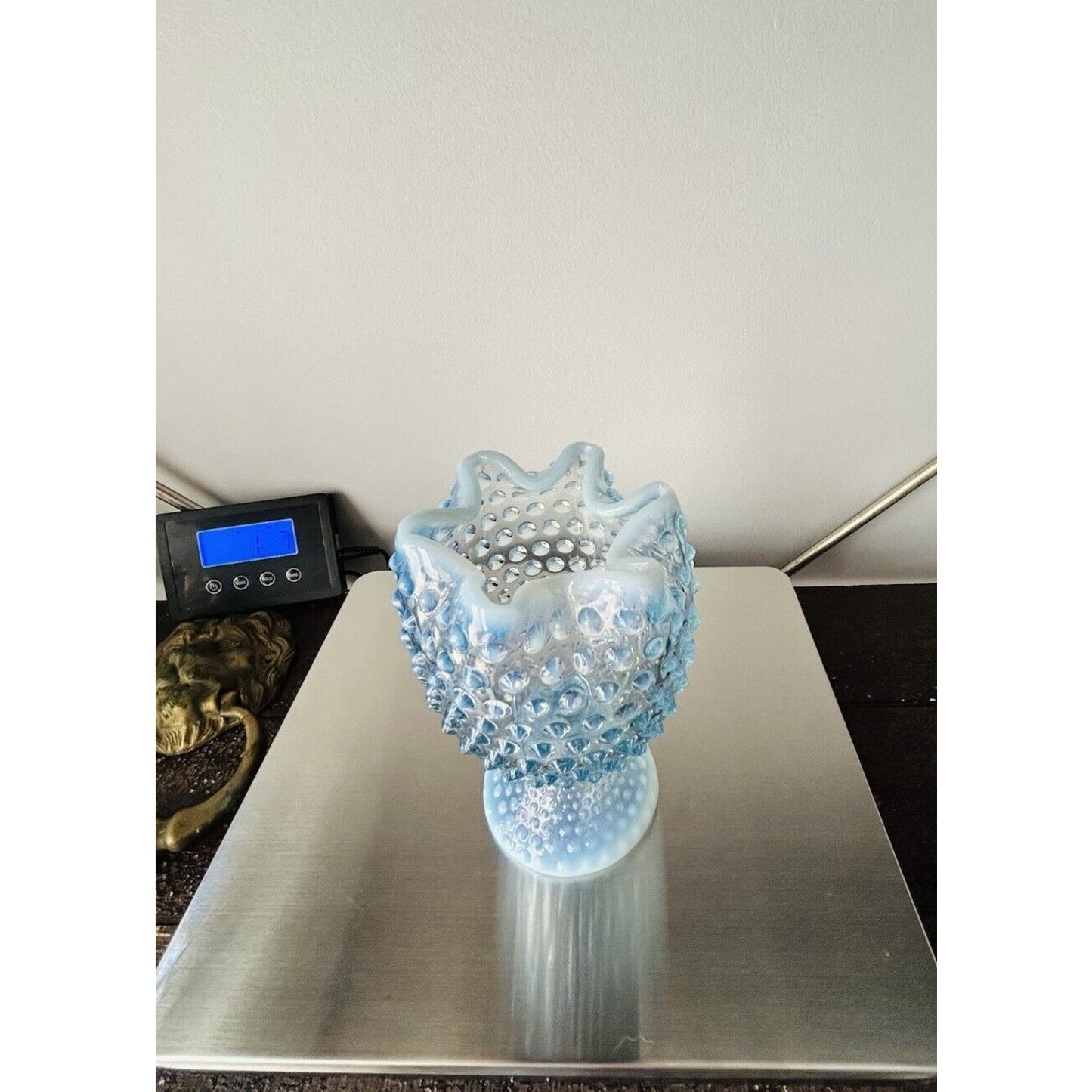 EUC Duncan Miller Blue Opalescent Glass Footed Hobnail Vase Ruffle Crimped