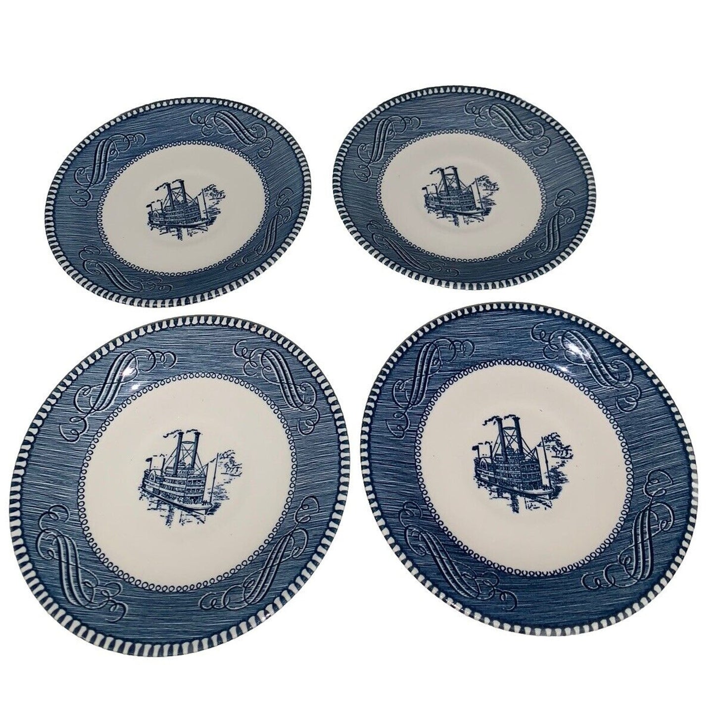 10 Vintage Blue White Steamboat Saucers Bread Butter Plates Currier & Ives Royal