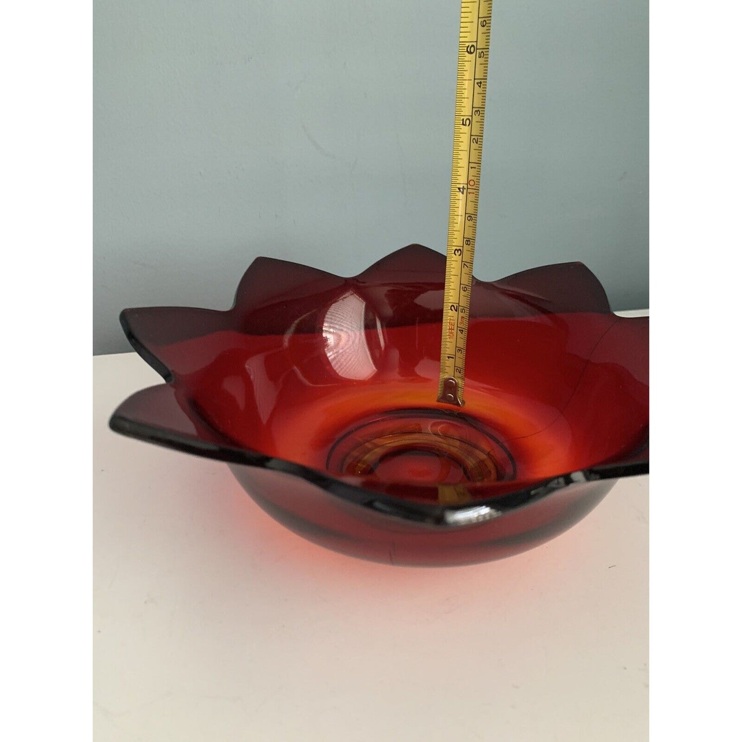 Vintage Fenton Amberina Ruby Red Orange Glass Glows 9” Lotus Bowl Flower