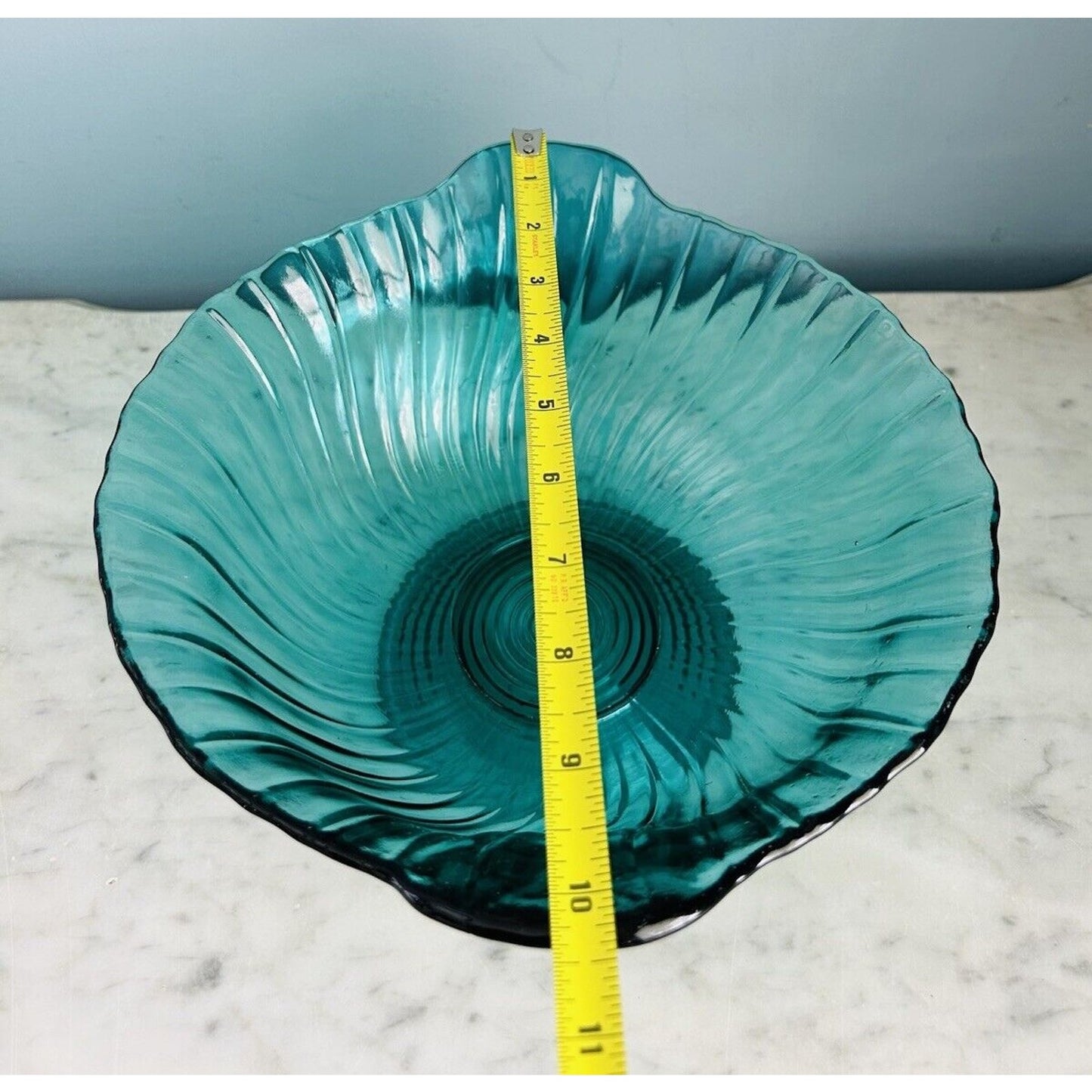 Vintage Jeannette Swirl Ultramarine Green Handled Glass Serving Bowl 10” W