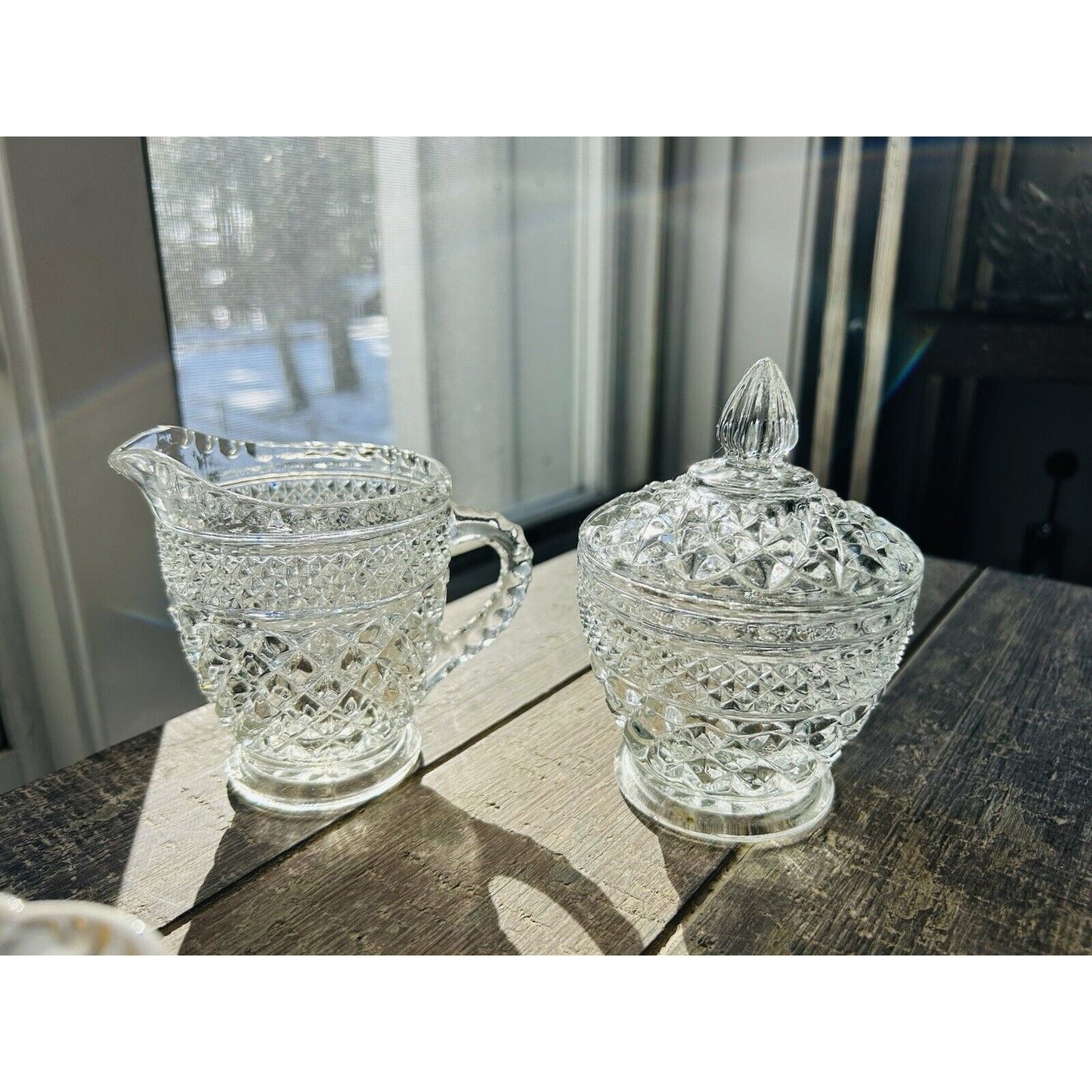 Anchor Hocking Wexford Crystal Clear Cut Glass Cream & Sugar Set Vintage